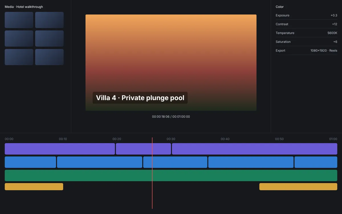 Video editing timeline for a hotel walkthrough reel