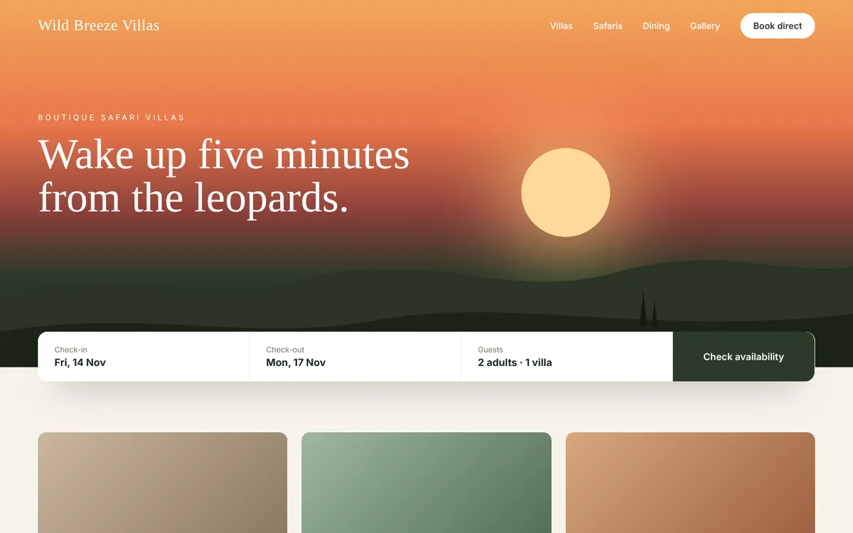 Sample hotel website design with booking bar